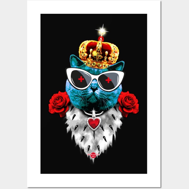 47 Blue Cat King Crown Sunglasses Roses Nerd Wall Art by Margarita7